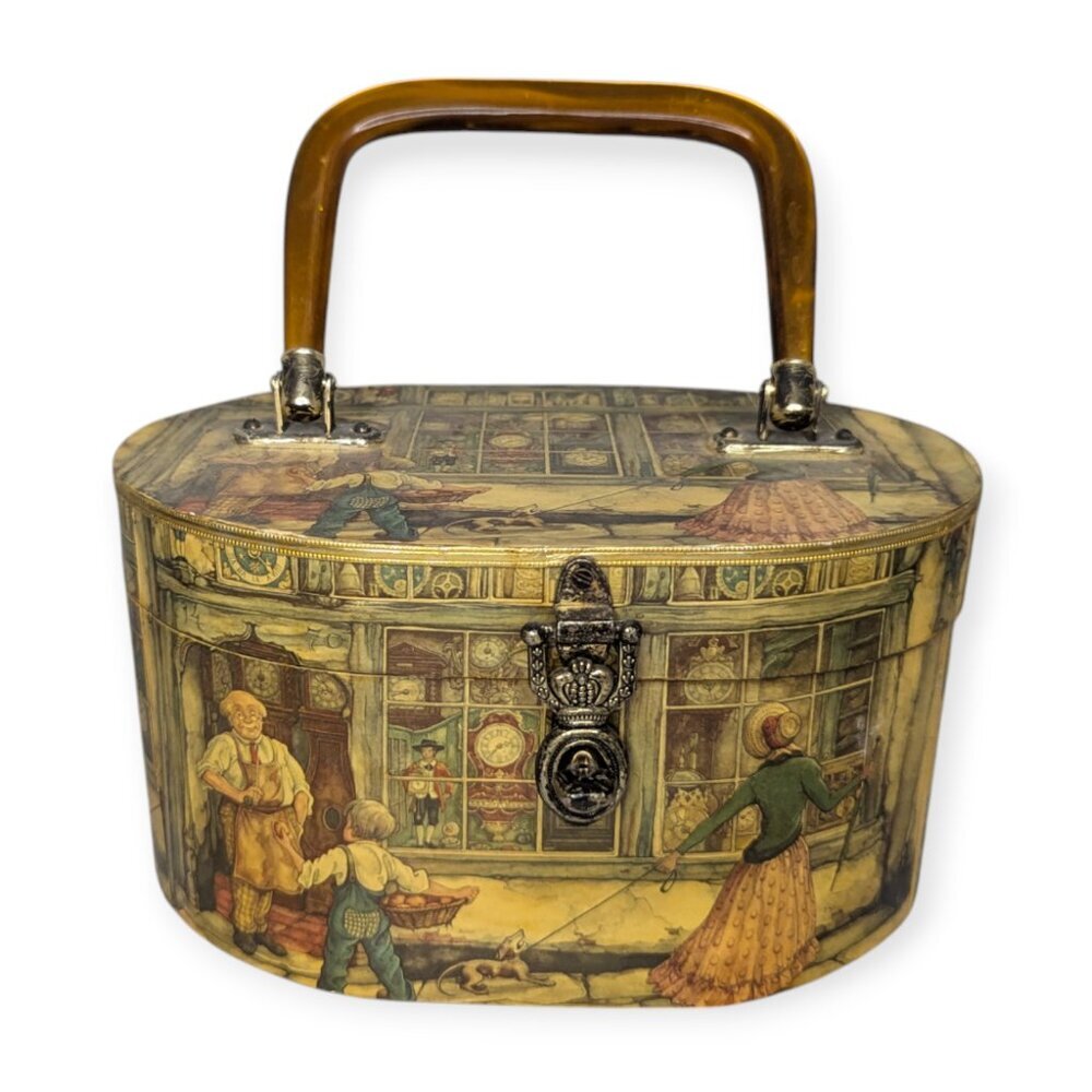 Vintage Decoupaged Wooden Purse with Brown Lucite/Plastic Handle 8"x4.5"x8.5"